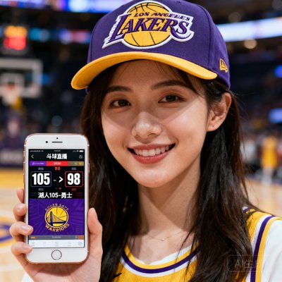 一位女性篮球迷李女士，头戴湖人队帽子，手持手机展示斗球直播比分界面的头像照片